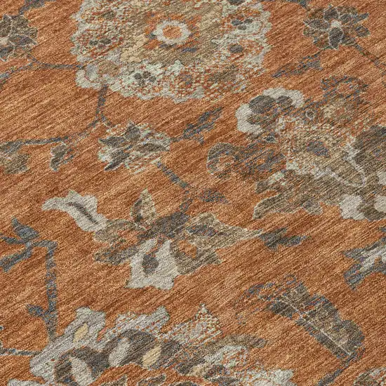 Orange And Brown Floral Medallion Washable Indoor Outdoor Area Rug Photo 4