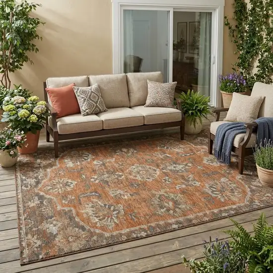 Orange And Brown Floral Medallion Washable Indoor Outdoor Area Rug Photo 1