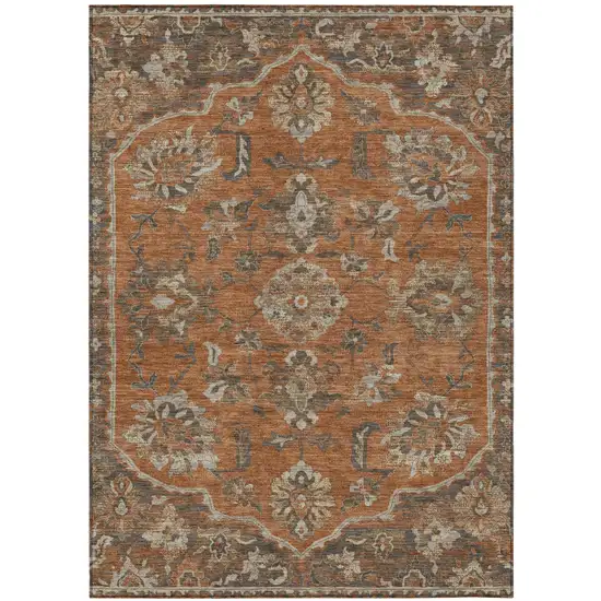 Orange And Brown Floral Medallion Washable Indoor Outdoor Area Rug Photo 2