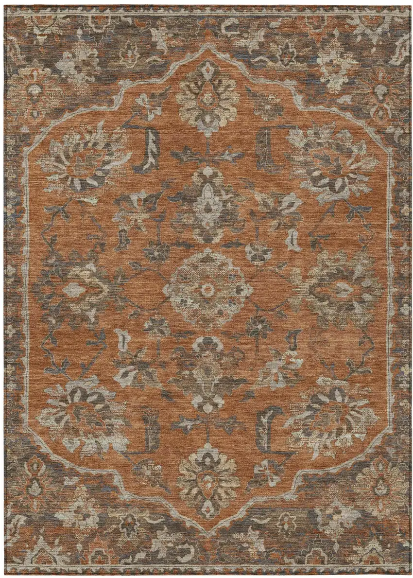 Orange And Brown Floral Medallion Washable Indoor Outdoor Area Rug Photo 2