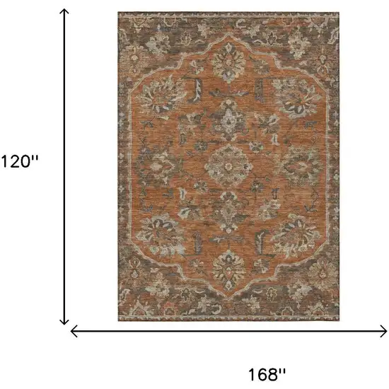 Orange And Brown Floral Medallion Washable Indoor Outdoor Area Rug Photo 5