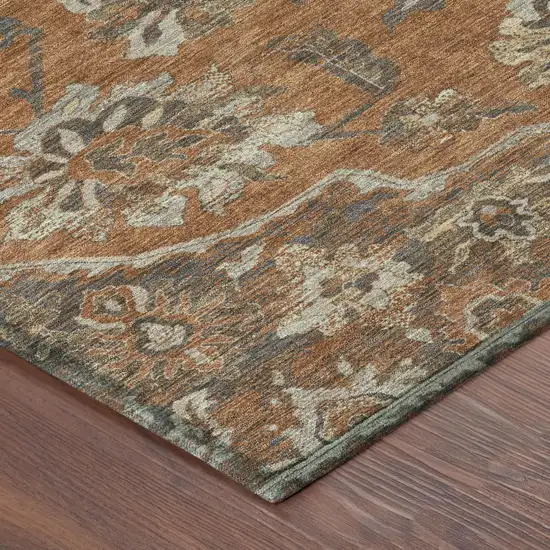 Orange And Brown Floral Medallion Washable Indoor Outdoor Area Rug Photo 3