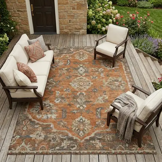 Orange And Brown Floral Medallion Washable Indoor Outdoor Area Rug Photo 1