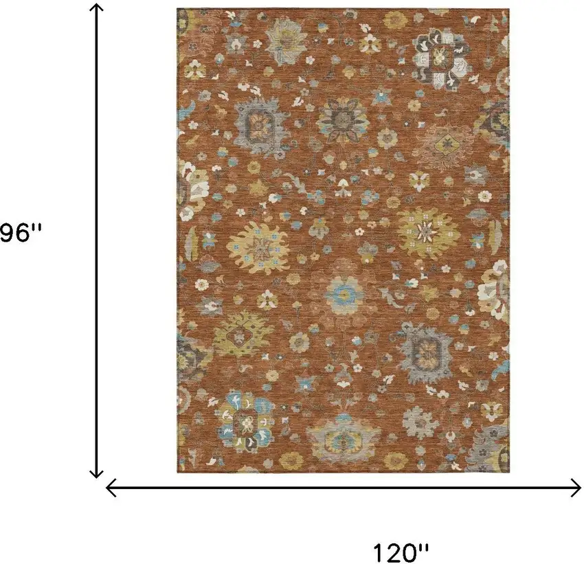 Orange And Brown Floral Washable Indoor Outdoor Area Rug Photo 6