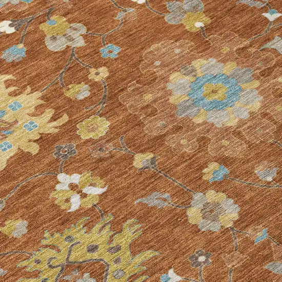 Orange And Brown Floral Washable Indoor Outdoor Area Rug Photo 5