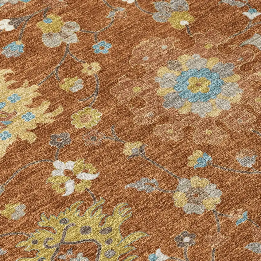 Orange And Brown Floral Washable Indoor Outdoor Area Rug Photo 5