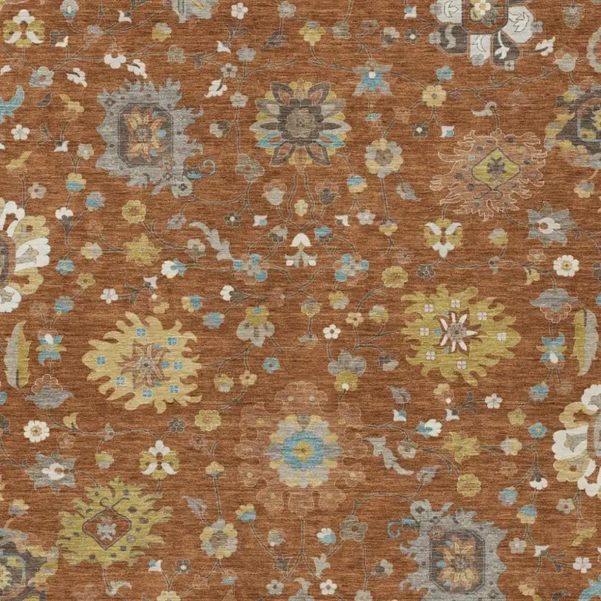 Orange And Brown Floral Washable Indoor Outdoor Area Rug Photo 2