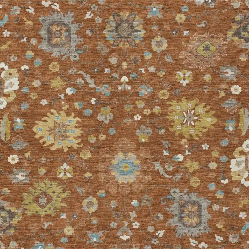 Orange And Brown Floral Washable Indoor Outdoor Area Rug Photo 3