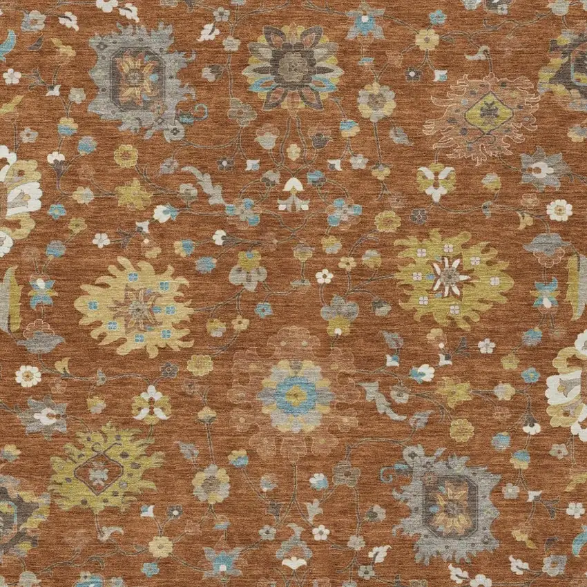 Orange And Brown Floral Washable Indoor Outdoor Area Rug Photo 3