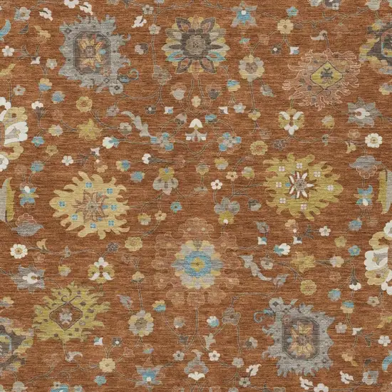 Orange And Brown Floral Washable Indoor Outdoor Area Rug Photo 3