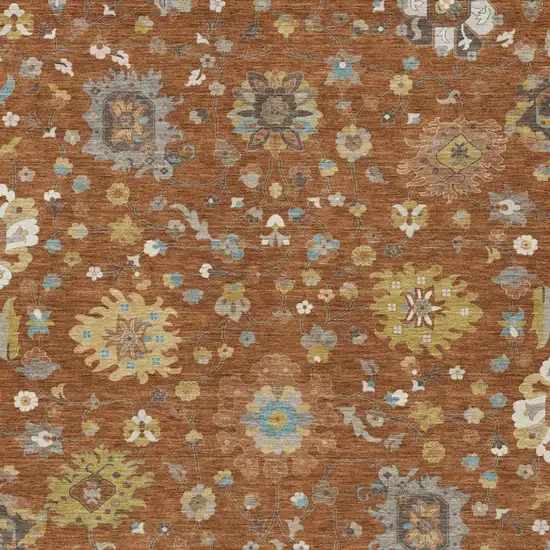 Orange And Brown Floral Washable Indoor Outdoor Area Rug Photo 2