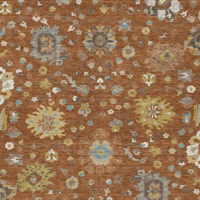 Orange And Brown Floral Washable Indoor Outdoor Area Rug Photo 2