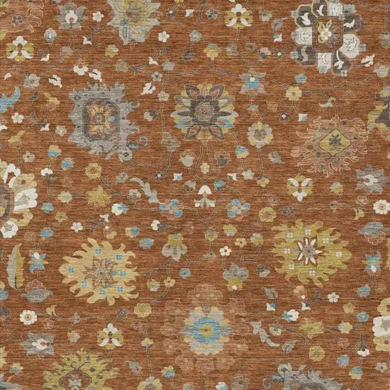 Orange And Brown Floral Washable Indoor Outdoor Area Rug Photo 2