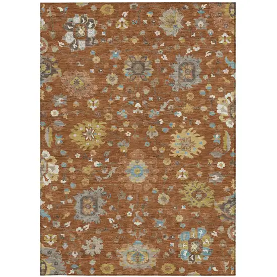 Orange And Brown Floral Washable Indoor Outdoor Area Rug Photo 3
