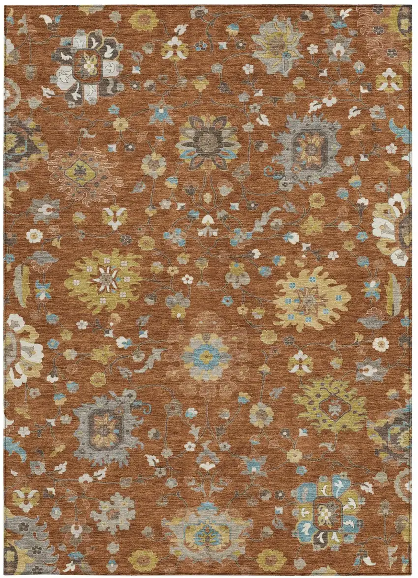 Orange And Brown Floral Washable Indoor Outdoor Area Rug Photo 3