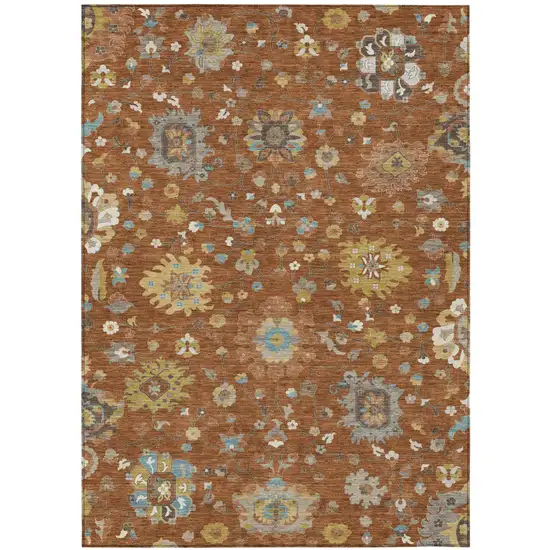 Orange And Brown Floral Washable Indoor Outdoor Area Rug Photo 1