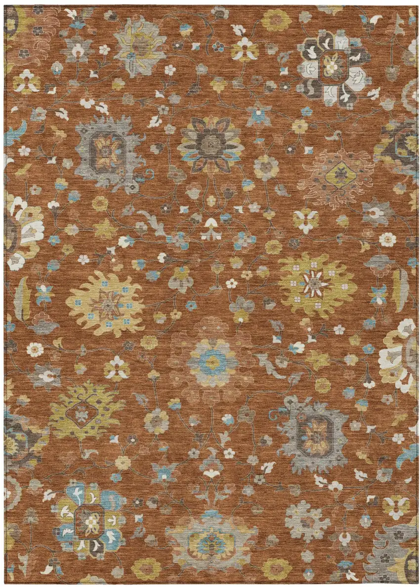 Orange And Brown Floral Washable Indoor Outdoor Area Rug Photo 1