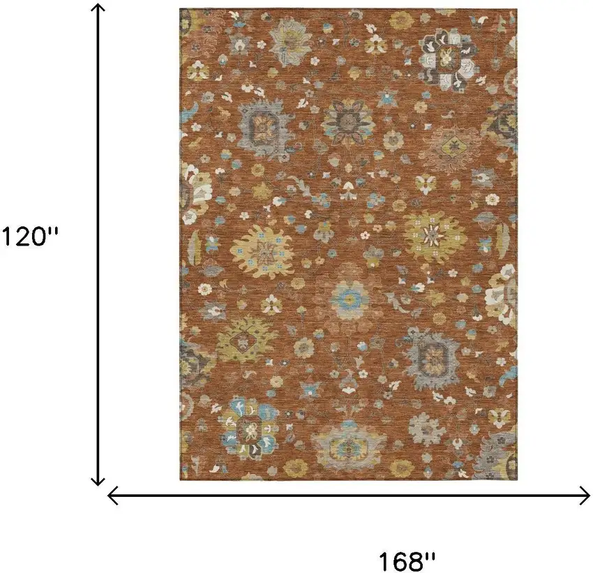 Orange And Brown Floral Washable Indoor Outdoor Area Rug Photo 6