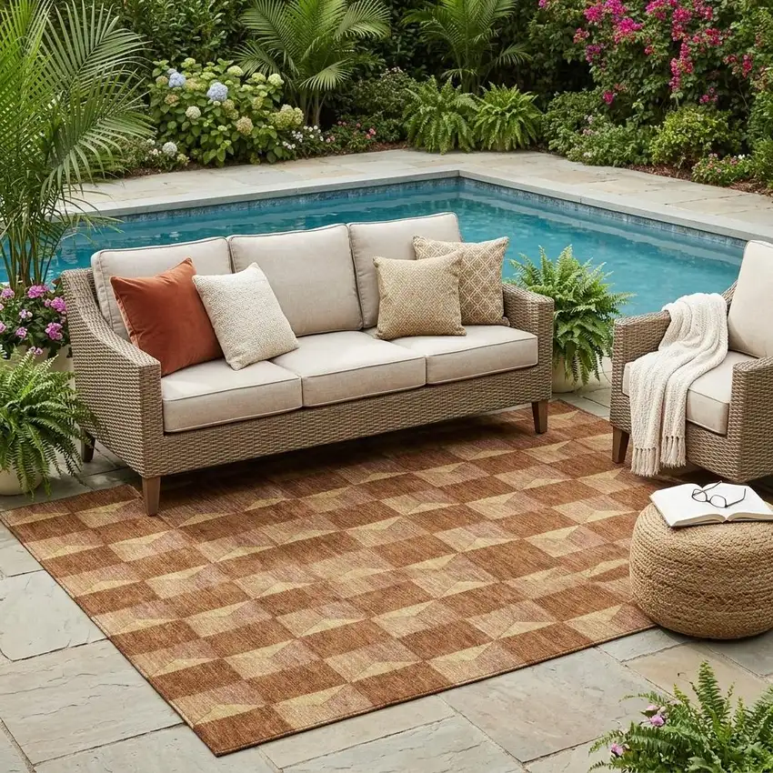 Orange And Brown Geometric Washable Indoor Outdoor Area Rug Photo 1