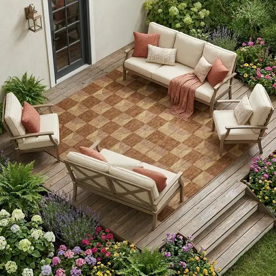 Orange And Brown Geometric Washable Indoor Outdoor Area Rug Photo 1