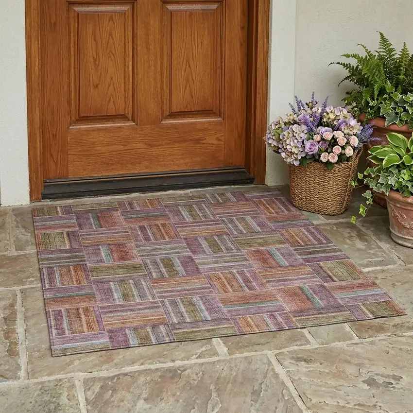 Orange And Brown Geometric Washable Indoor Outdoor Area Rug Photo 1