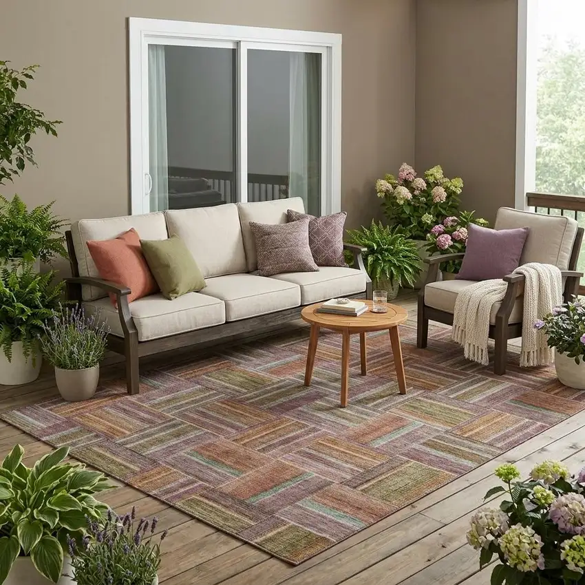 Orange And Brown Geometric Washable Indoor Outdoor Area Rug Photo 1
