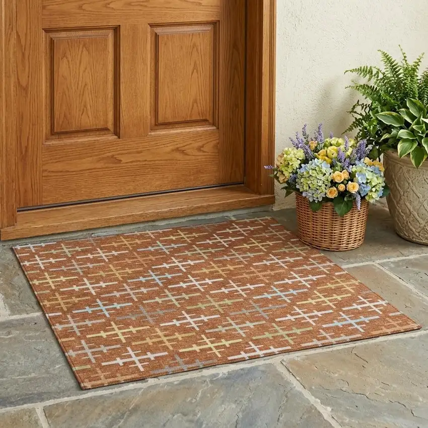 Orange And Brown Geometric Washable Indoor Outdoor Area Rug Photo 1