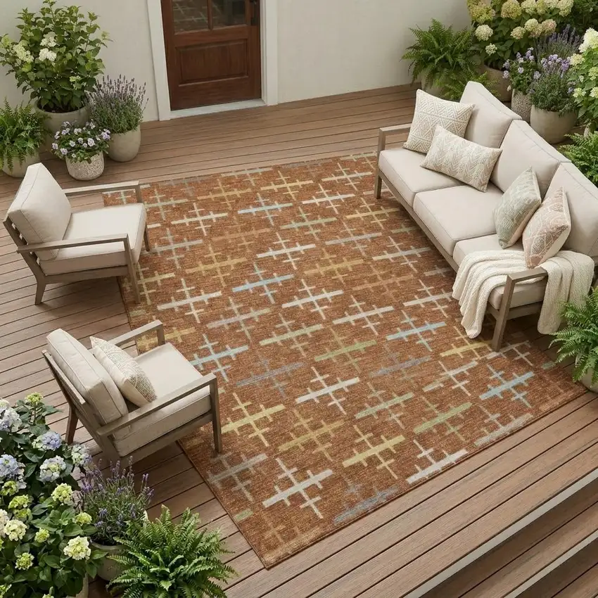 Orange And Brown Geometric Washable Indoor Outdoor Area Rug Photo 1