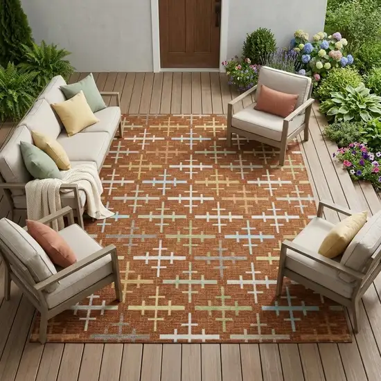 Orange And Brown Geometric Washable Indoor Outdoor Area Rug Photo 1