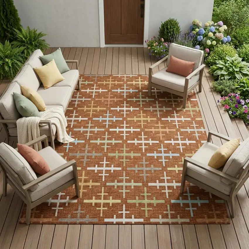Orange And Brown Geometric Washable Indoor Outdoor Area Rug Photo 1
