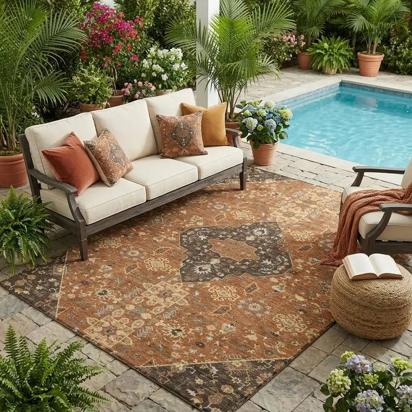 Orange And Brown Medallion Washable Indoor Outdoor Area Rug Photo 1