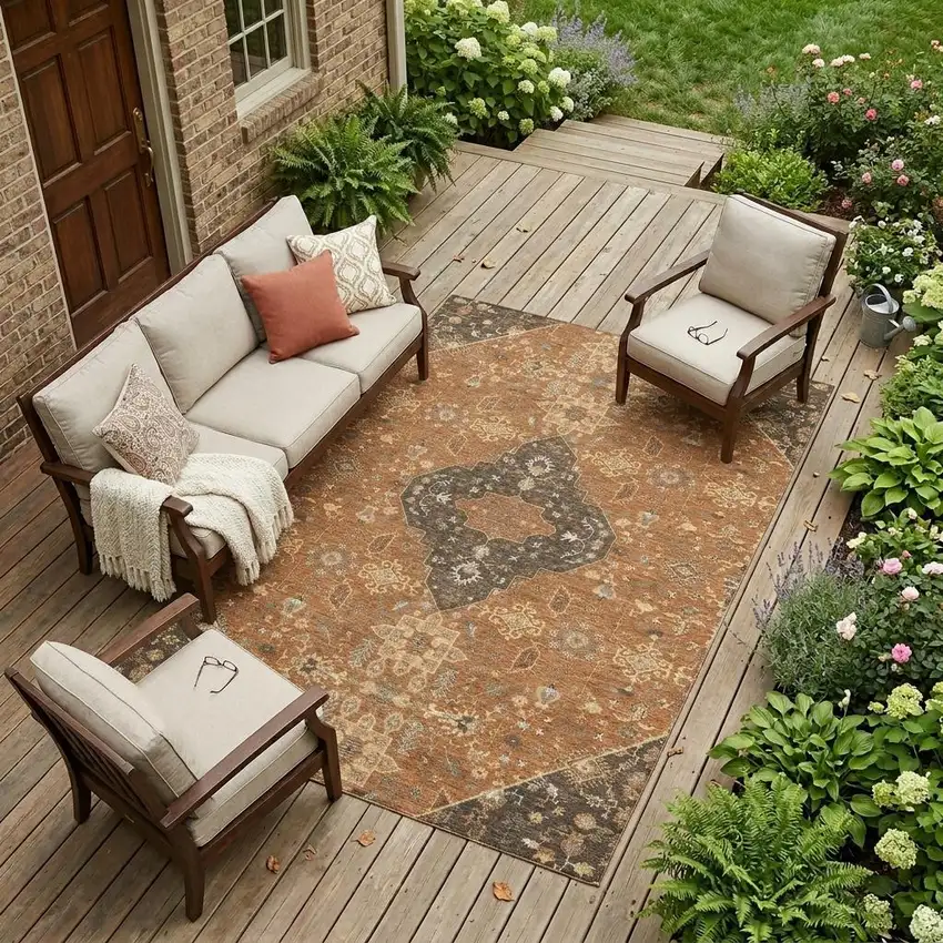 Orange And Brown Medallion Washable Indoor Outdoor Area Rug Photo 1