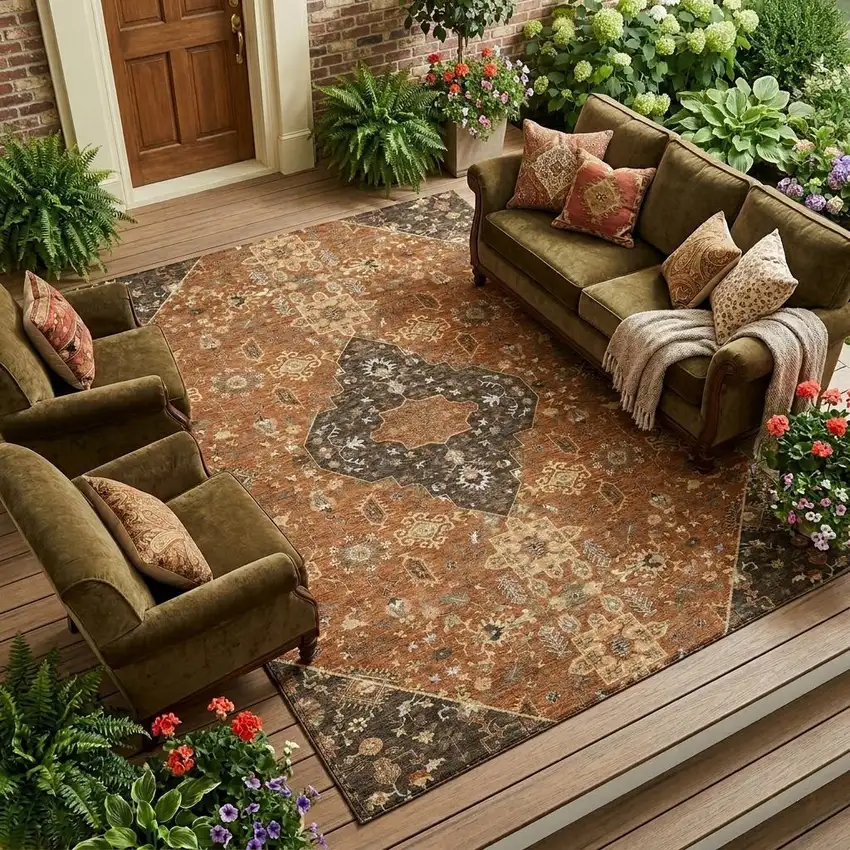 Orange And Brown Medallion Washable Indoor Outdoor Area Rug Photo 1