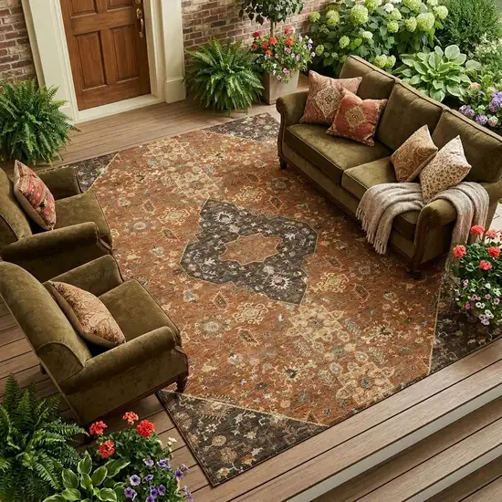 Orange And Brown Medallion Washable Indoor Outdoor Area Rug Photo 1