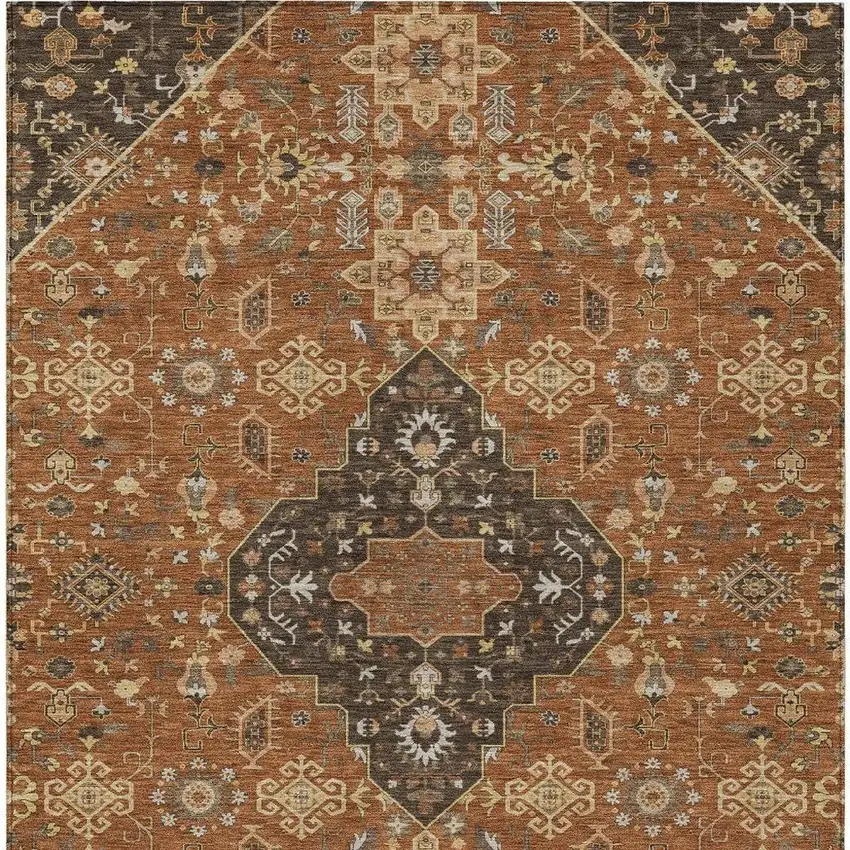 Orange And Brown Medallion Washable Indoor Outdoor Area Rug Photo 4