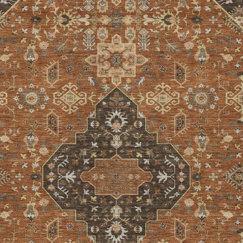 Orange And Brown Medallion Washable Indoor Outdoor Area Rug Photo 3