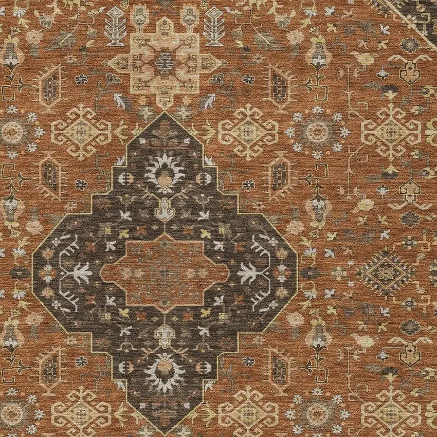 Orange And Brown Medallion Washable Indoor Outdoor Area Rug Photo 3