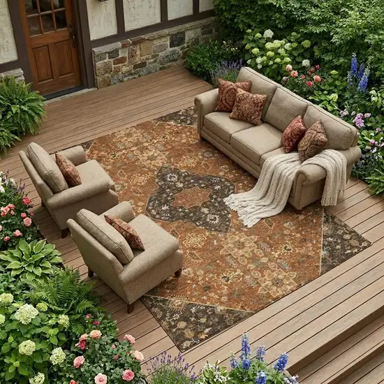 Orange And Brown Medallion Washable Indoor Outdoor Area Rug Photo 1