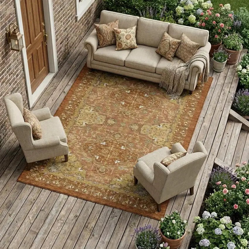 Orange And Brown Oriental Washable Indoor Outdoor Area Rug Photo 1