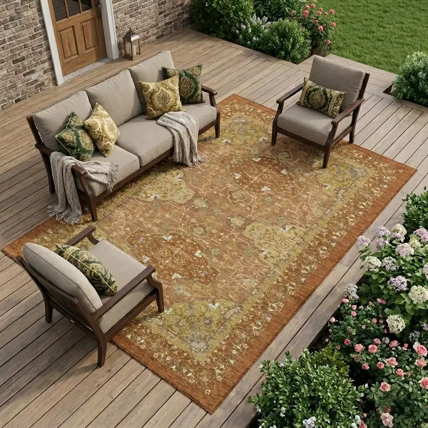 Orange And Brown Oriental Washable Indoor Outdoor Area Rug Photo 1