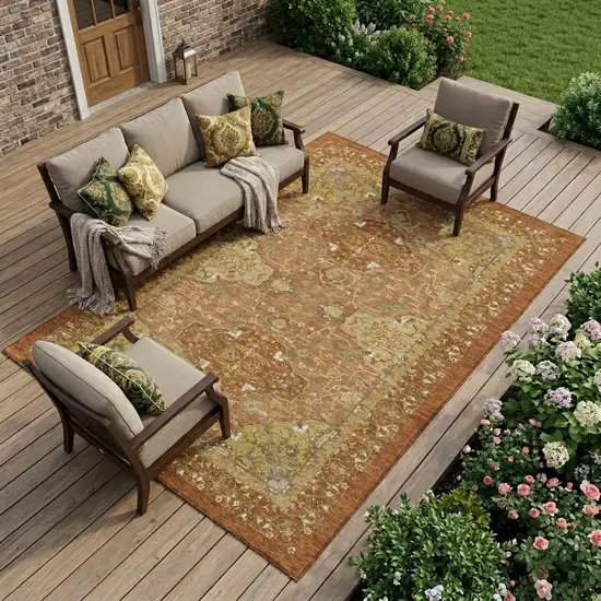Orange And Brown Oriental Washable Indoor Outdoor Area Rug Photo 1