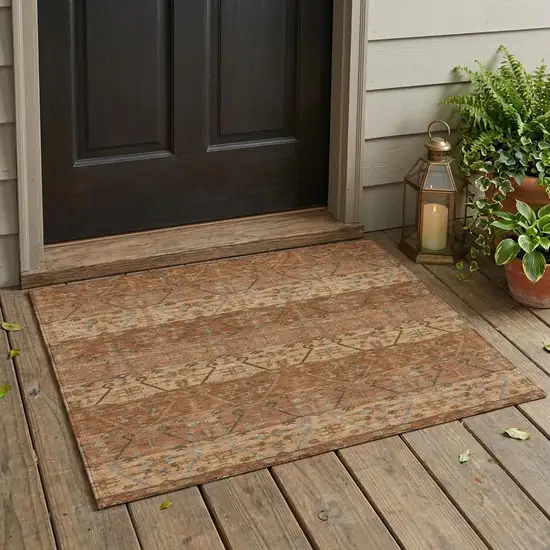 Orange And Brown Oriental Washable Indoor Outdoor Area Rug Photo 1