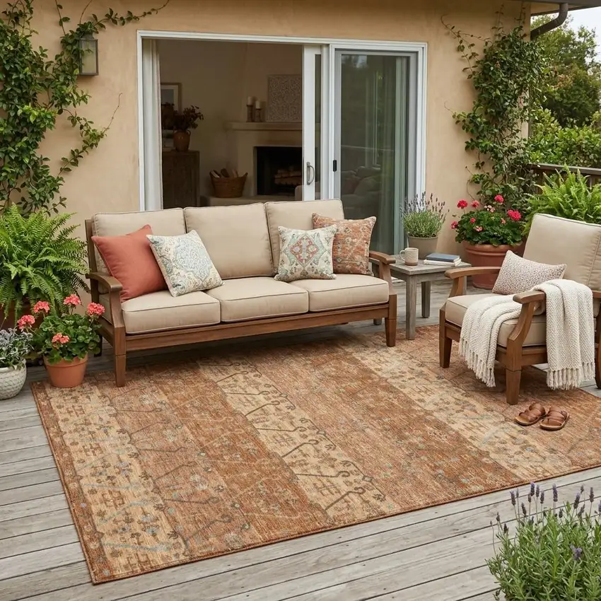 Orange And Brown Oriental Washable Indoor Outdoor Area Rug Photo 1