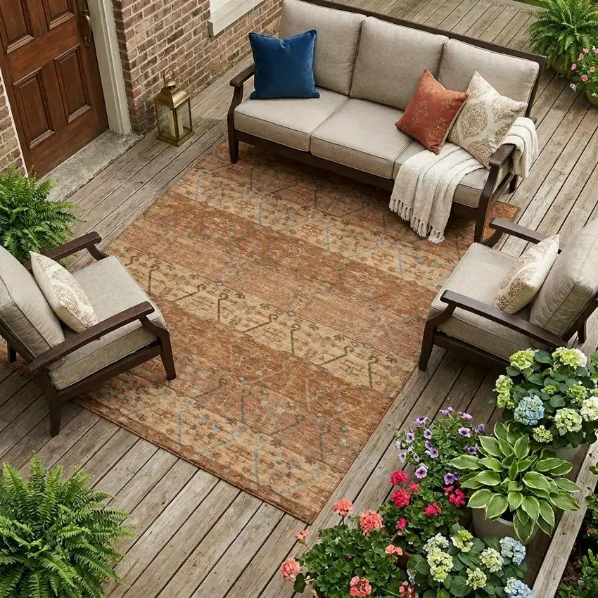 Orange And Brown Oriental Washable Indoor Outdoor Area Rug Photo 1
