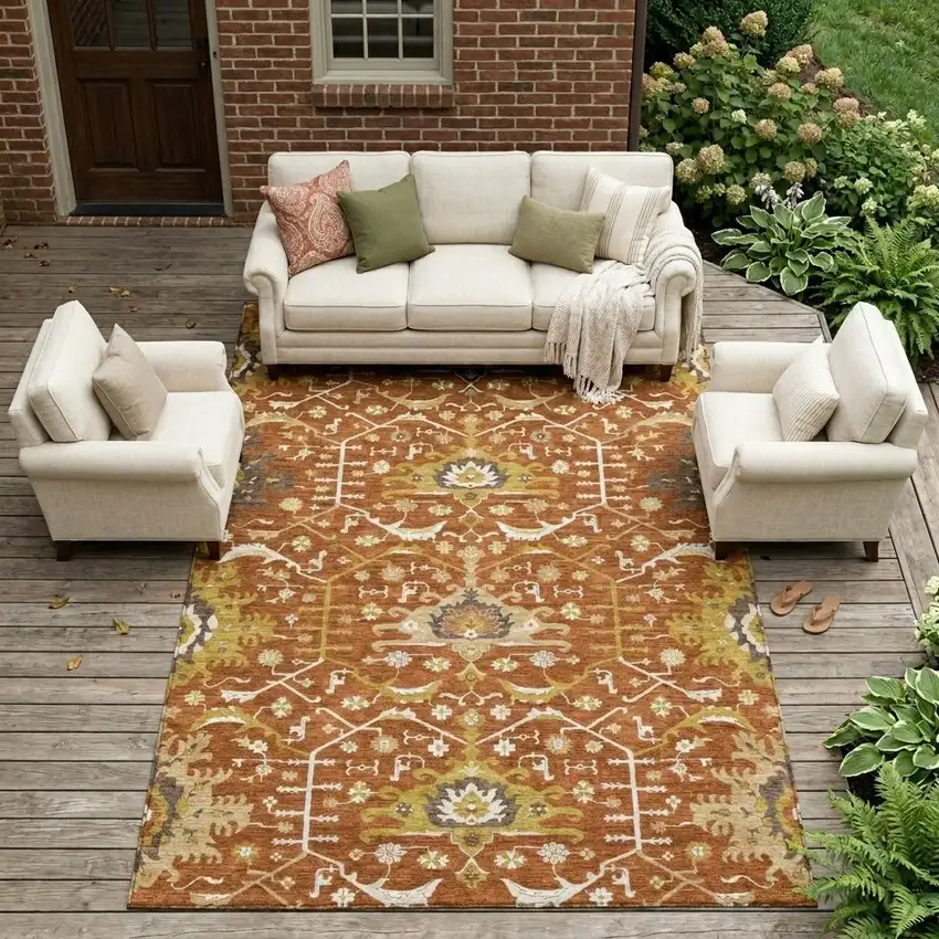 Orange And Brown Oriental Washable Indoor Outdoor Area Rug Photo 1