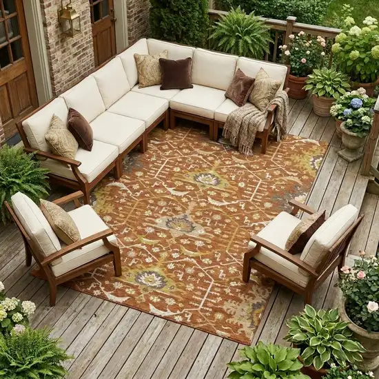 Orange And Brown Oriental Washable Indoor Outdoor Area Rug Photo 1
