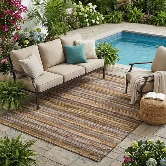 Orange And Brown Striped Washable Indoor Outdoor Area Rug Photo 1