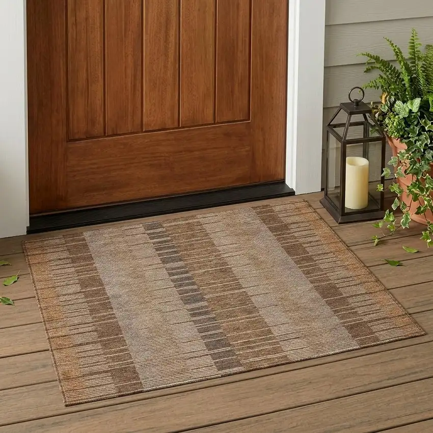 Orange And Brown Striped Washable Indoor Outdoor Area Rug Photo 1