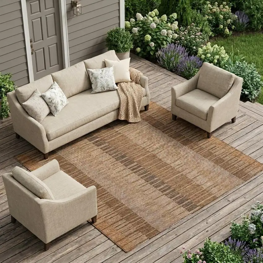 Orange And Brown Striped Washable Indoor Outdoor Area Rug Photo 1