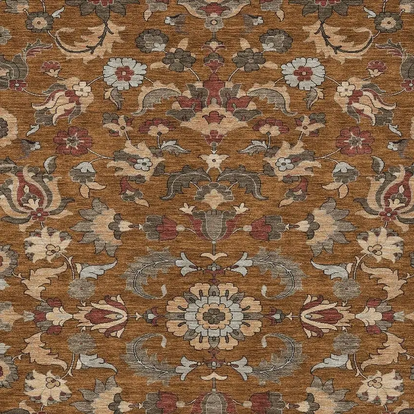 Orange And Burgundy Floral Medallion Washable Indoor Outdoor Area Rug Photo 2